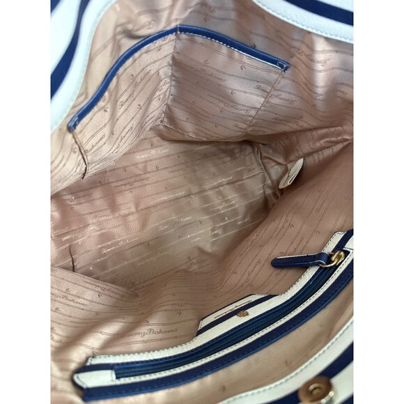 Tommy Bahama Floral Stripe Tote W/Pouch Navy White Faux Leather Travel Beach 90s - Picture 13 of 16